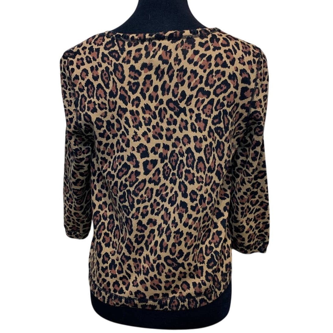Ruby Rd Womens Small Leopard Spot Open Top Button Cotton Blend Cardigan Sweater
