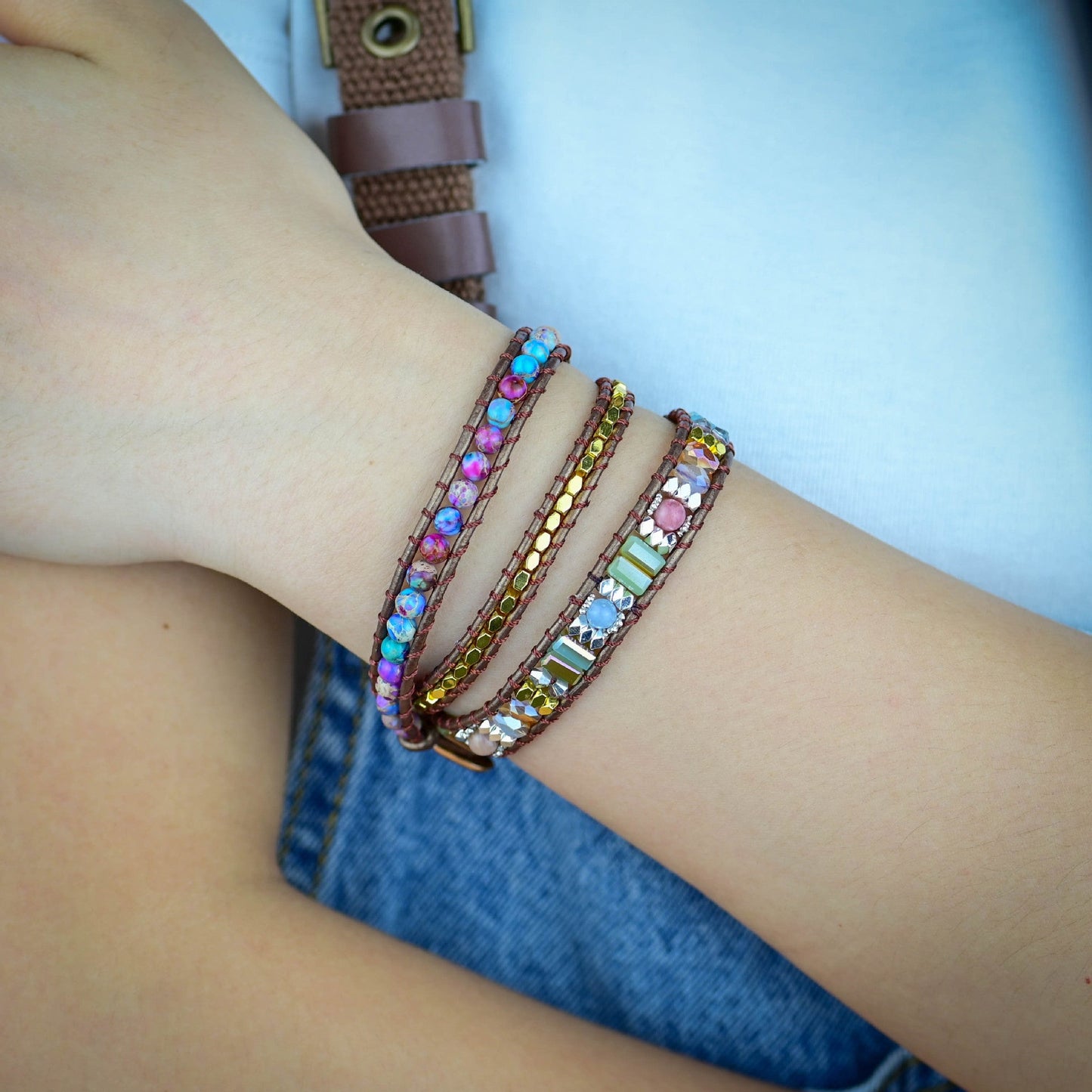 Purple Flower Stone Bracelet Boho