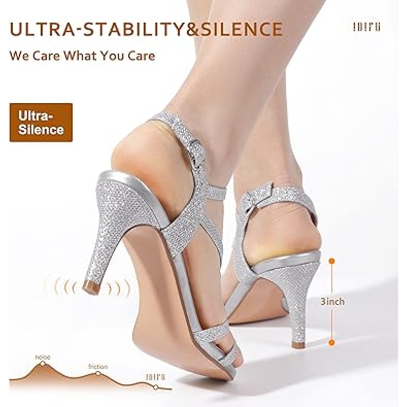 New Idifu Womens 7.5 Silver Glitter Open Toe 3.5" Heel Ankle Strap Sandal Shoes