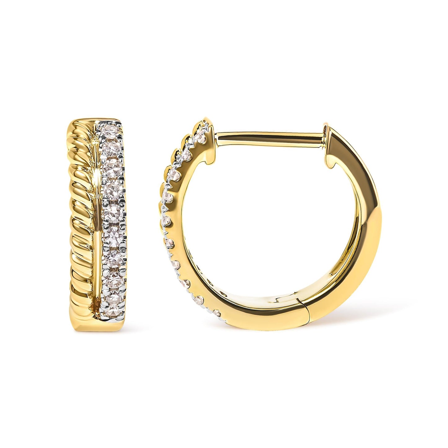 10K Yellow Gold 1/10 Cttw Diamond and Rope Twist Huggy Hoop Earrings (H-I Color, I1-I2 Clarity)-3