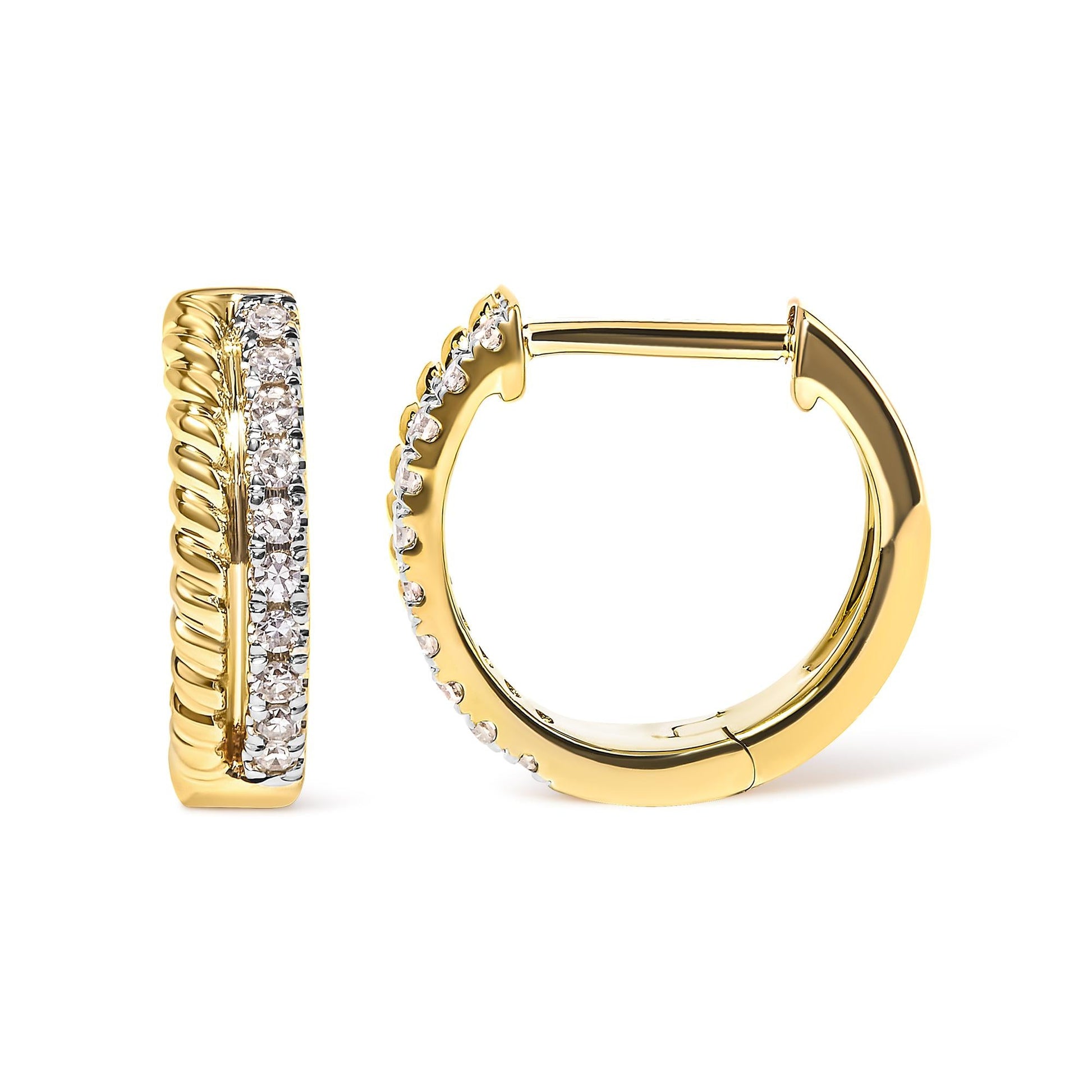 10K Yellow Gold 1/10 Cttw Diamond and Rope Twist Huggy Hoop Earrings (H-I Color, I1-I2 Clarity)-3