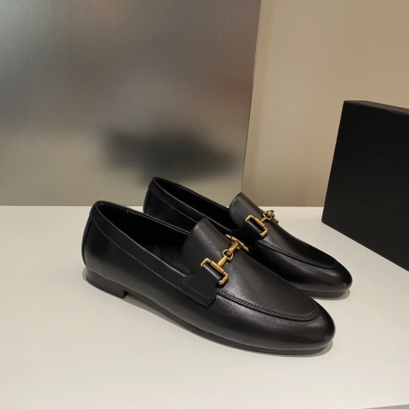 Women's shoes round toe sheepskin flat bottomed metal buckle leather loafers