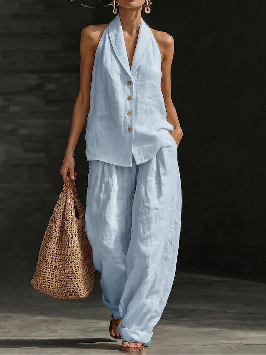 Women's Sleeveless Vest & Wide-Leg Pants Cotton-Linen Two-Piece Set