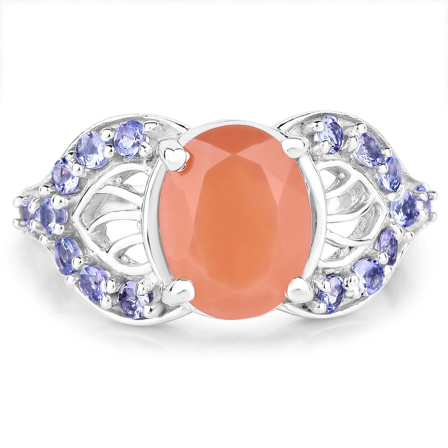 3.06 Carat Genuine Peach Moonstone and Tanzanite .925 Sterling Silver Ring