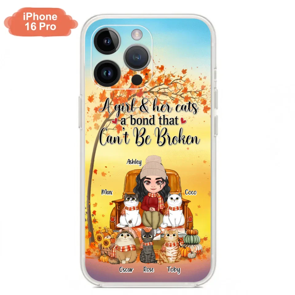 Custom Personalized Cat Mom Fall Season Phone Case - Gift Idea For Cat Owners - Upto 5 Cats -  Case For iPhone/Samsung - A Girl & Her Cats A Bond That Can't Be Broken