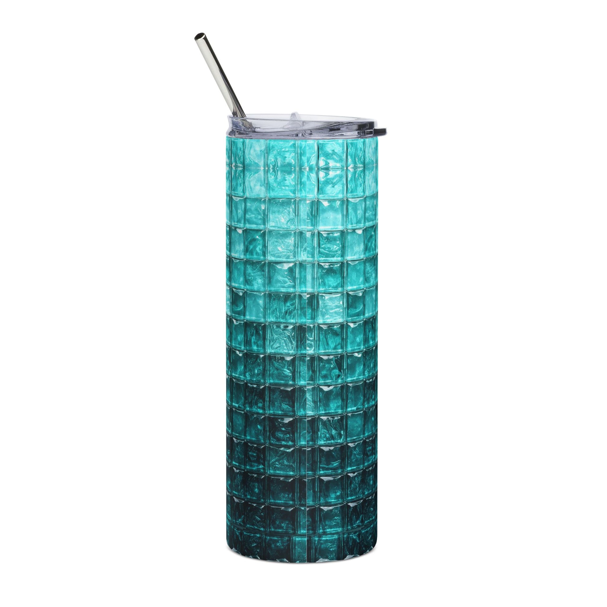 Personalized 20 oz teal tile gradient stainless steel tumbler with reusable metal straw, insulated travel cup with geometric mosaic design, custom drinkware gift for coffee, tea, and cold beverages on a white background.
