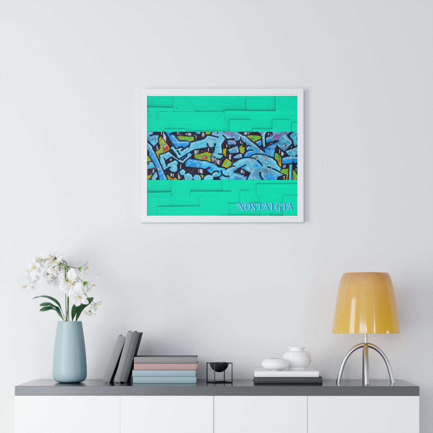 Nostalgia Graffiti Horizontal Framed Poster — Teal Urban Street Art Print