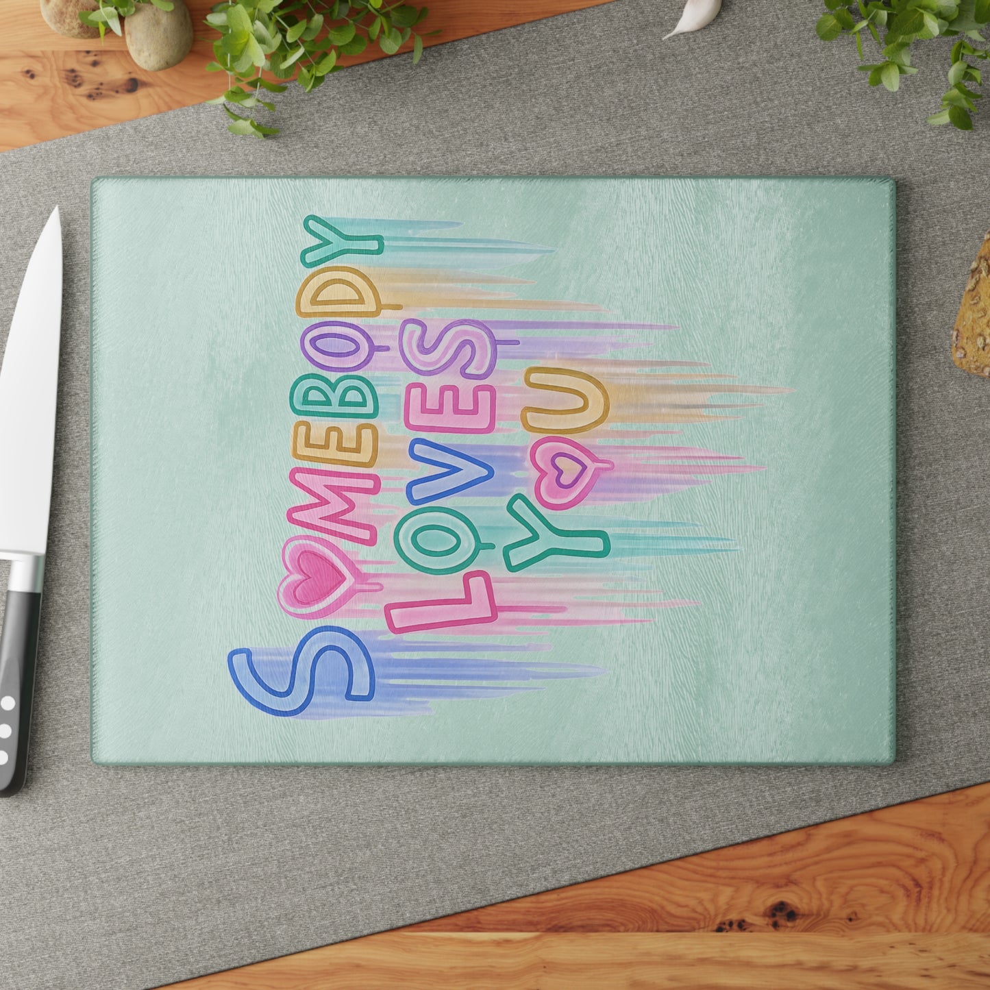 Somebody Loves You Glass Cutting Board — Pastel Rainbow Heart Kitchen Gift