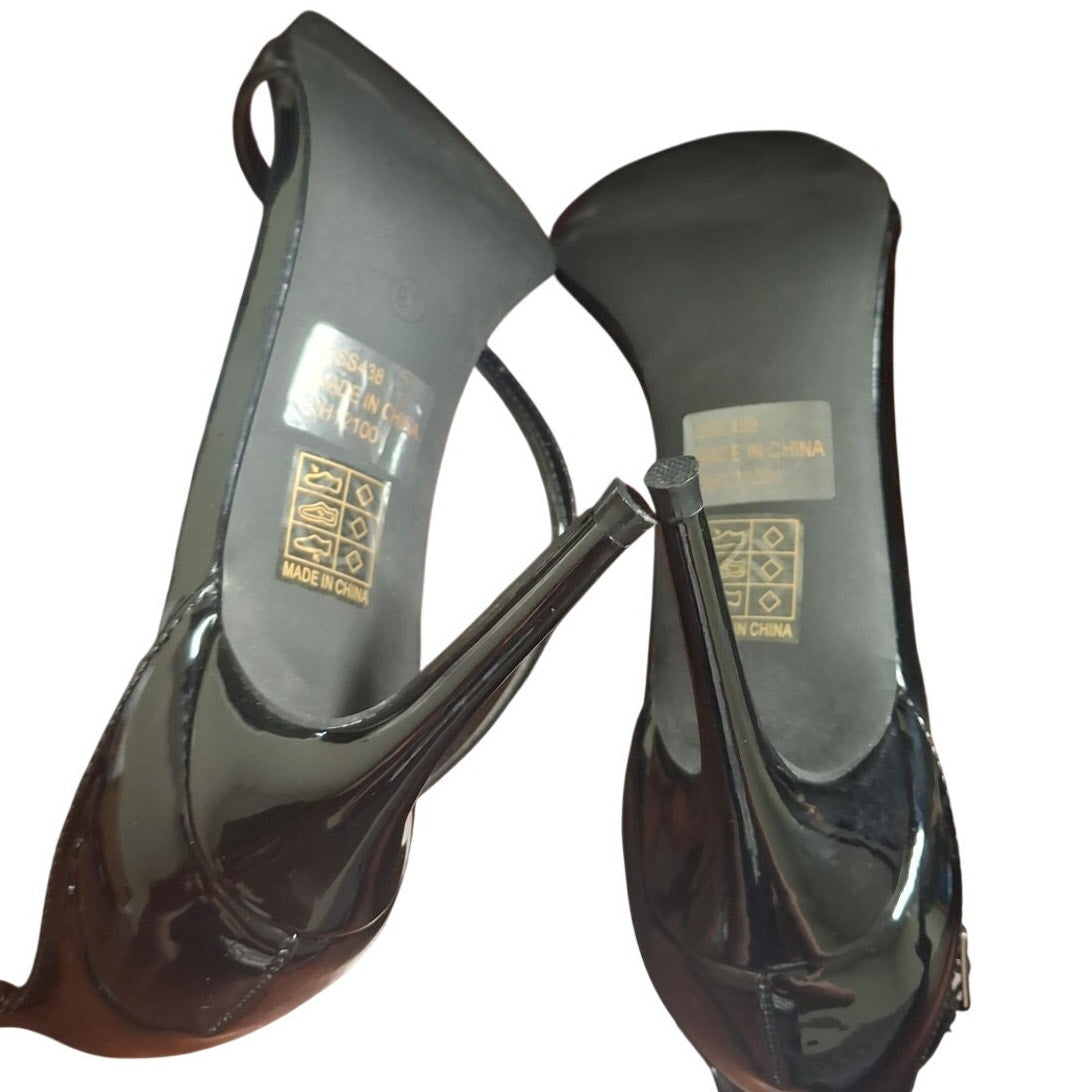 Genshuo Womens Size 9.5 Black 3.5" Heels Open Square Toe Ankle Strap Pumps Shoes