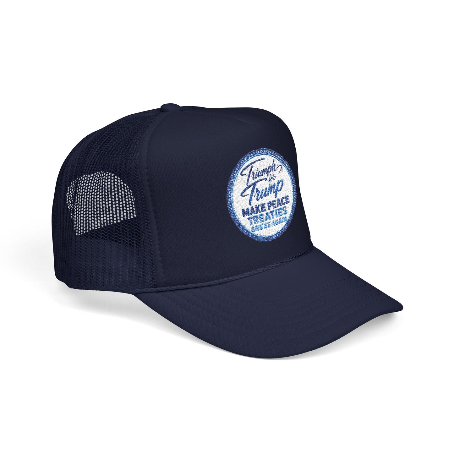 "Triumph for Trump: Make Peace Treaties Great Again" ✨EMBROIDERED Foam Trucker Hat — Vintage Trump Campaign Patch, Only @ LuxeByMimi✨