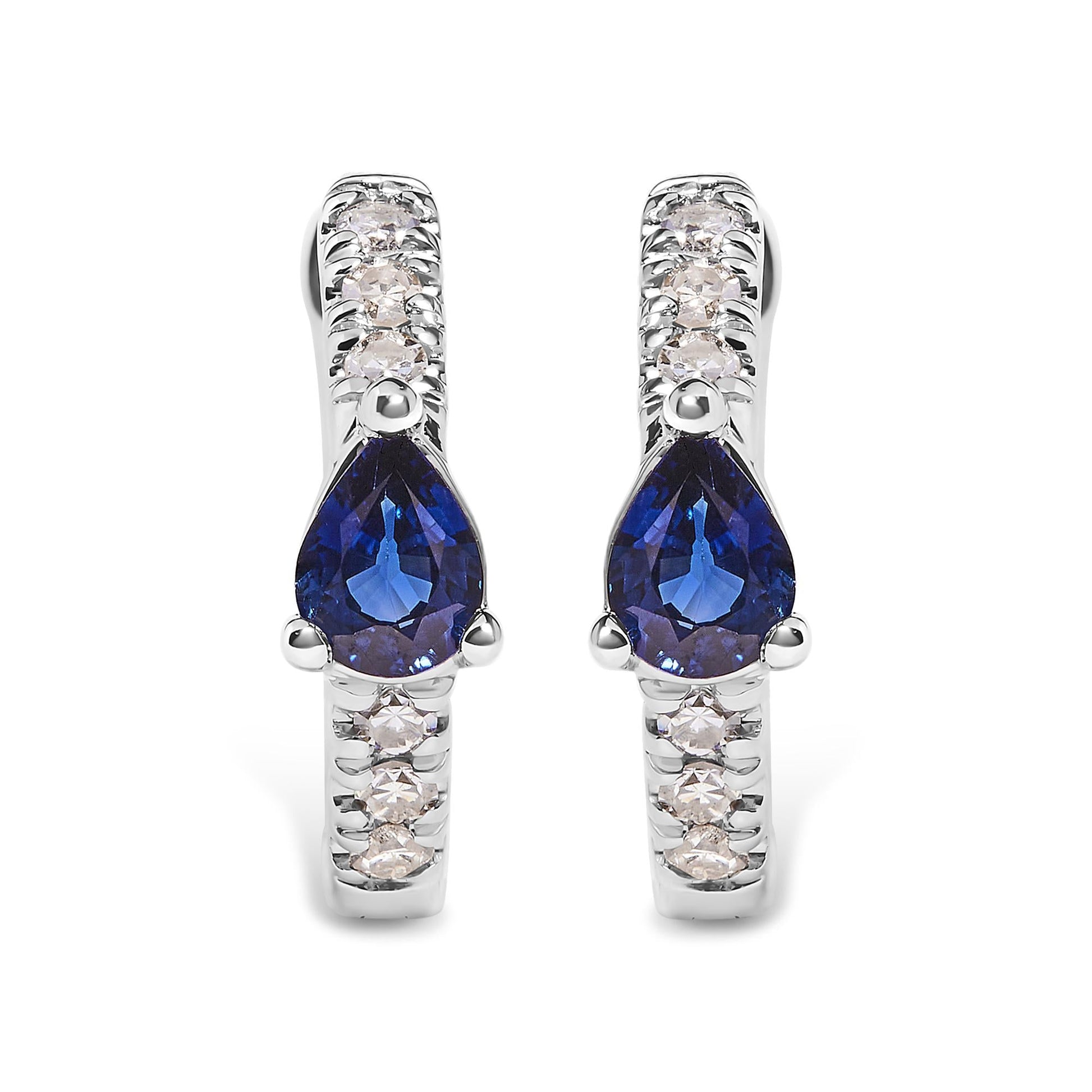 10K White Gold Pear Shaped Blue Sapphire and 1/10 Cttw Diamond Huggy Hoop Earrings (H-I Color, I1-I2 Clarity)-0
