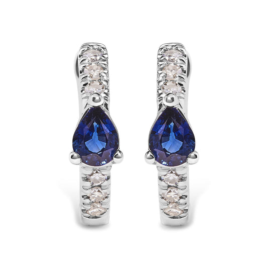 10K White Gold Pear Shaped Blue Sapphire and 1/10 Cttw Diamond Huggy Hoop Earrings (H-I Color, I1-I2 Clarity)-0