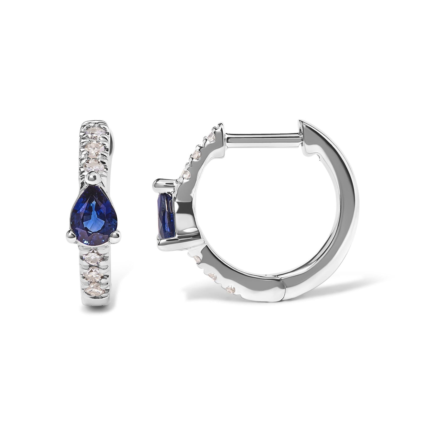 10K White Gold Pear Shaped Blue Sapphire and 1/10 Cttw Diamond Huggy Hoop Earrings (H-I Color, I1-I2 Clarity)-3