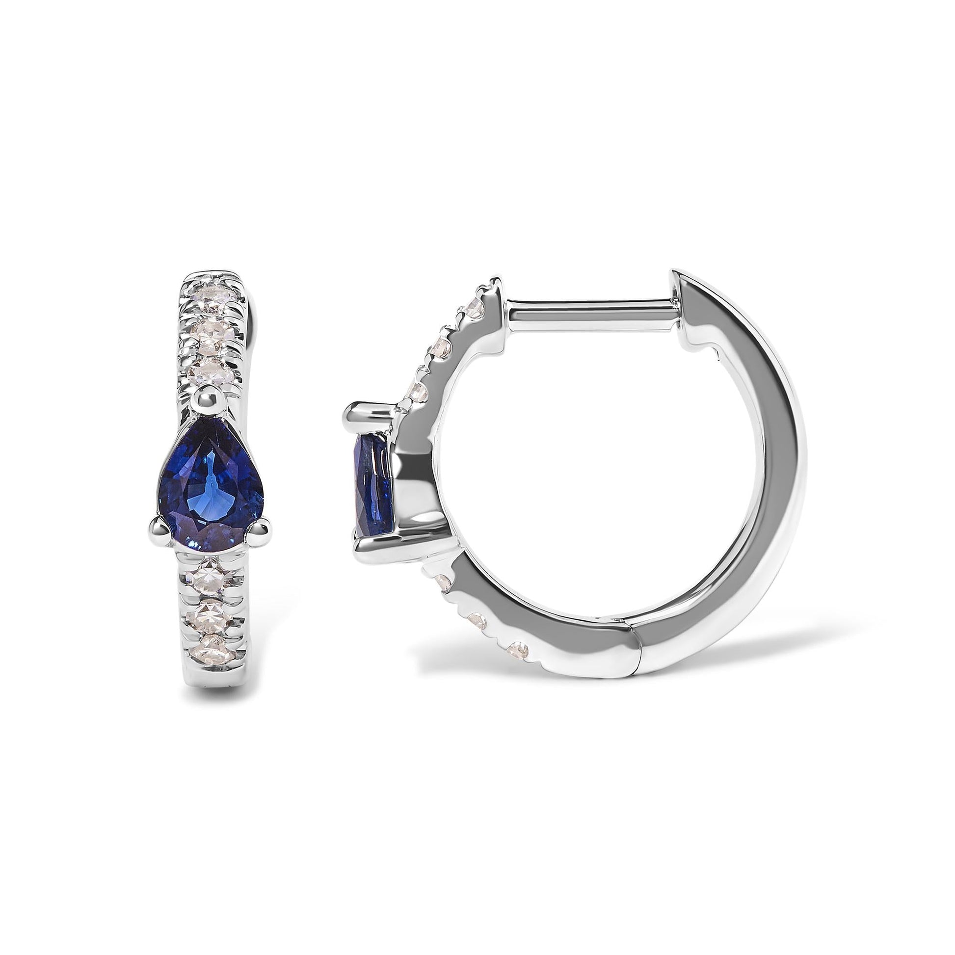 10K White Gold Pear Shaped Blue Sapphire and 1/10 Cttw Diamond Huggy Hoop Earrings (H-I Color, I1-I2 Clarity)-3