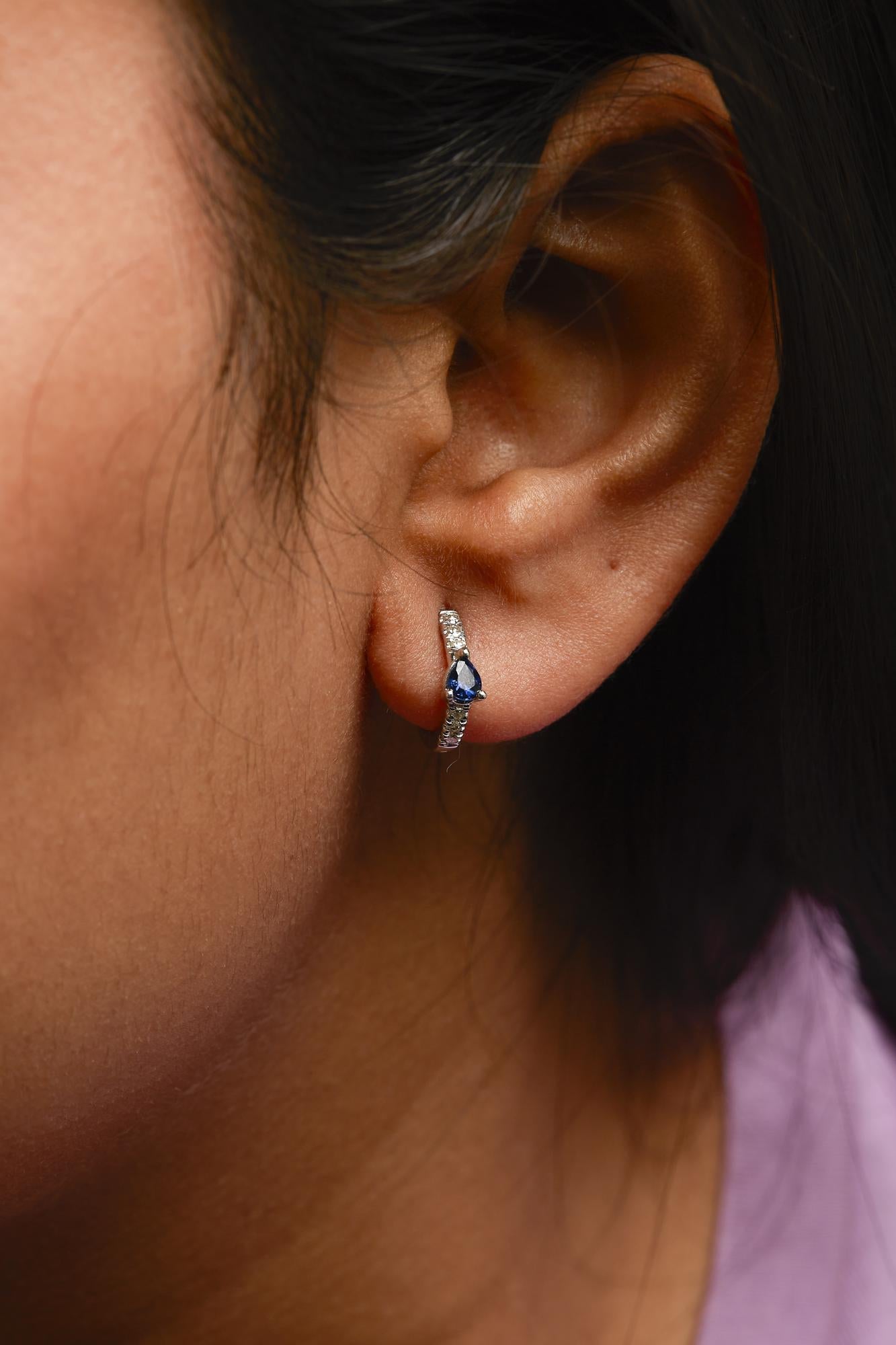 10K White Gold Pear Shaped Blue Sapphire and 1/10 Cttw Diamond Huggy Hoop Earrings (H-I Color, I1-I2 Clarity)-2
