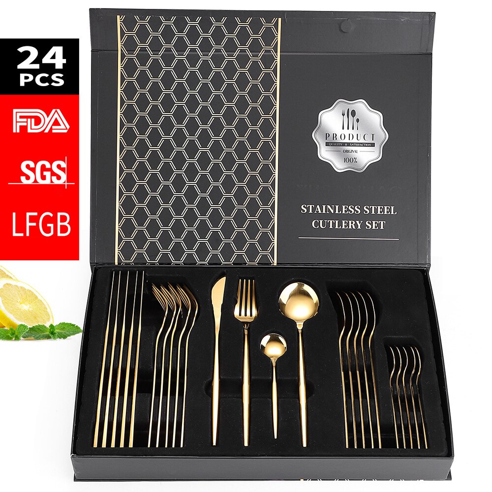24pcs Dinnerware Set Stainless Steel Tableware Set Knife Fork Spoon Flatware Set Safe Cutlery Set Gift Box Restaurant Silver