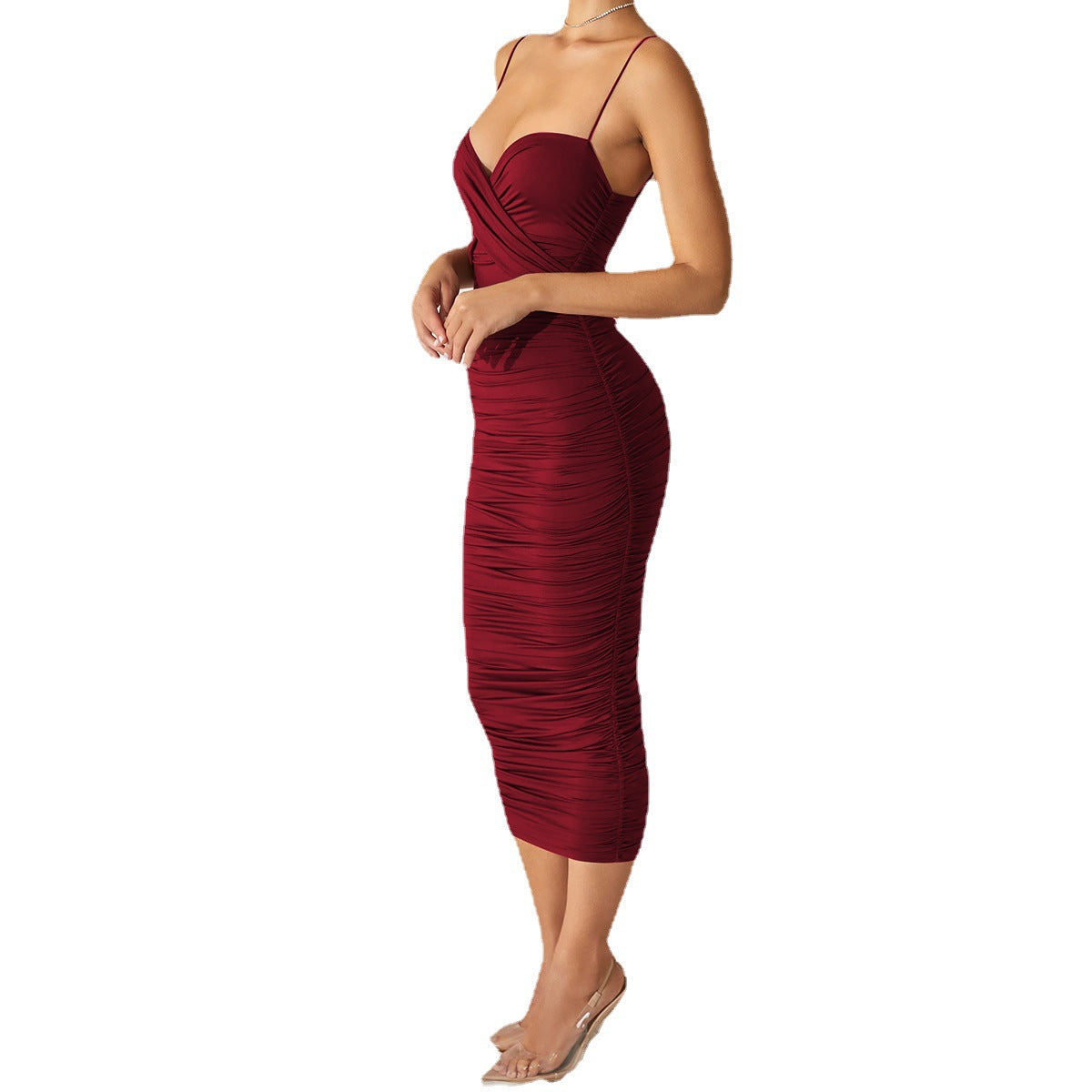 Sleeveless Suspenders Bag Hip Slim One-Step Skirt Wine Red V-Neck Pleated Bottoming Dress Dress Women