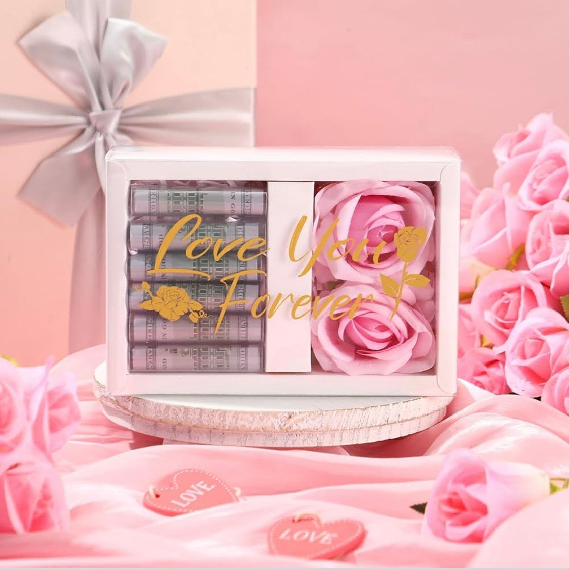 Valentine's Day Money Box for Cash Money Gifts - 2 Velvet Rose Flowers with 6 Acrylic Tubes