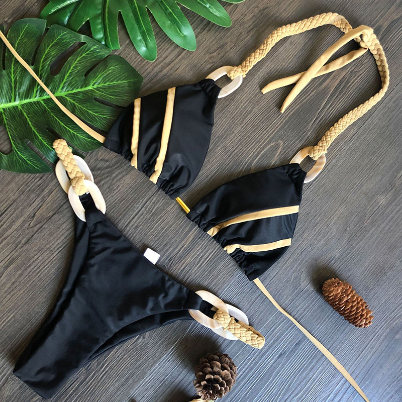 Halter Swimsuit Women High Cut Bathing Suit Triangle Bikini Set Bathers Patchwork Swimwear Women Micro Biquini