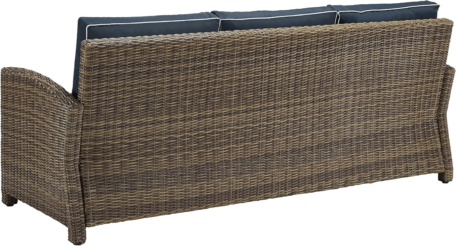Brown Wicker Outdoor Sofa with Navy Cushions for Comfort-3