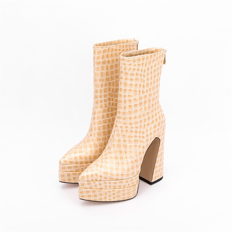 Women's Autumn and Winter New European and American Fashion Stone Pattern Thick High-heeled Thick-soled Pointed Ankle Boots