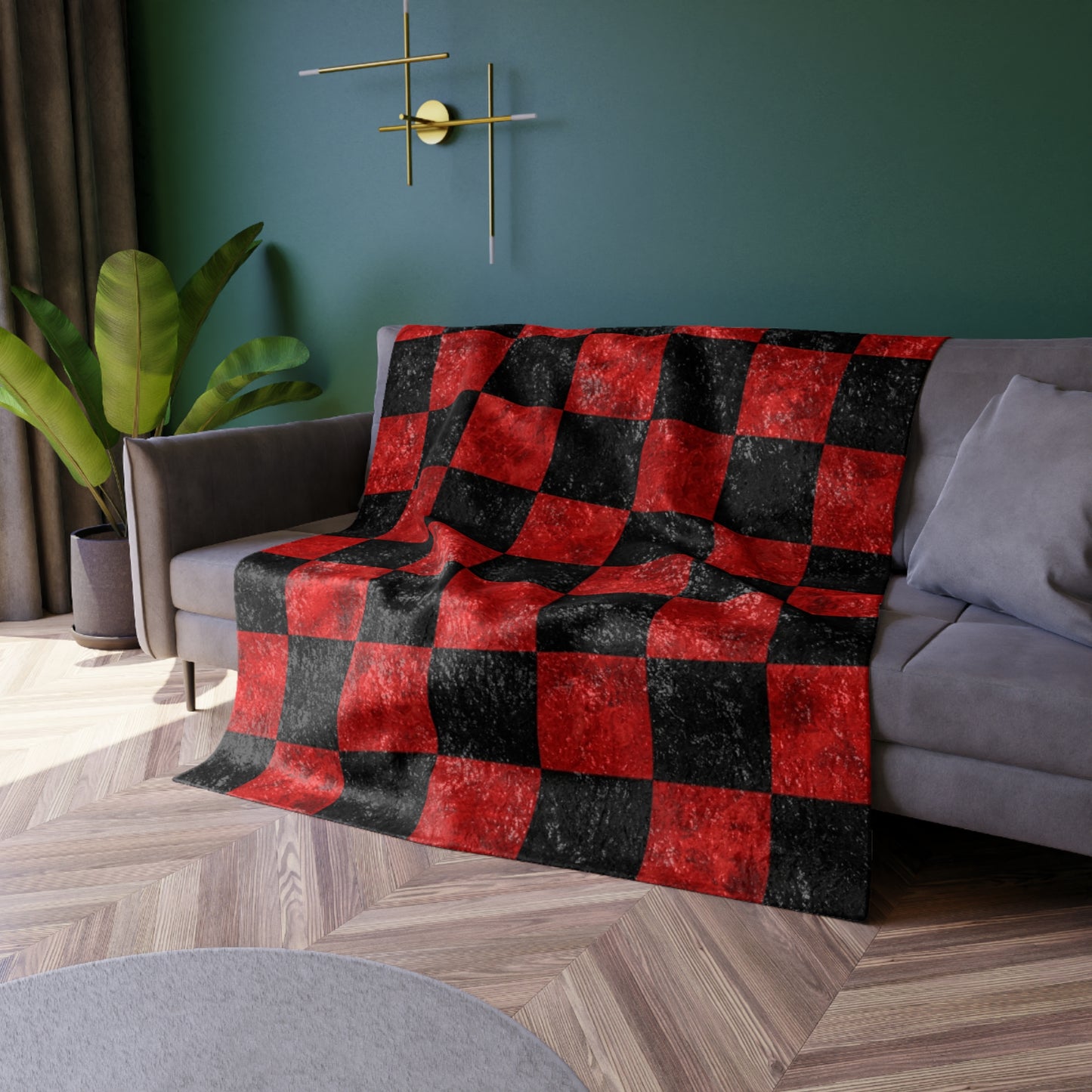 Red & Black Crushed Velvet Buffalo Chessboard Blanket