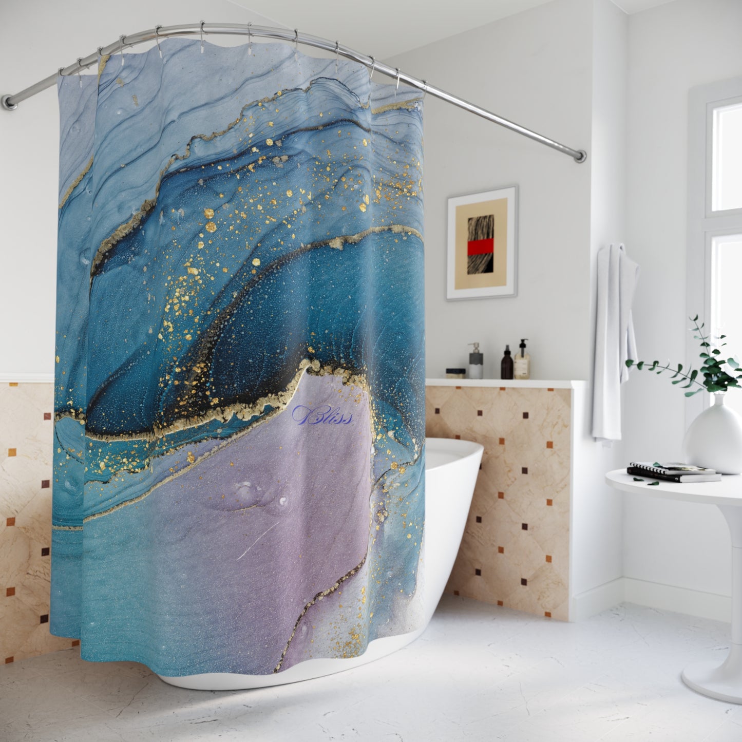 Elegant Abstract Shower Curtain with Gold Accents, Luxurious Bathroom Decor, Modern Coastal Theme, Gift for Homeowners
