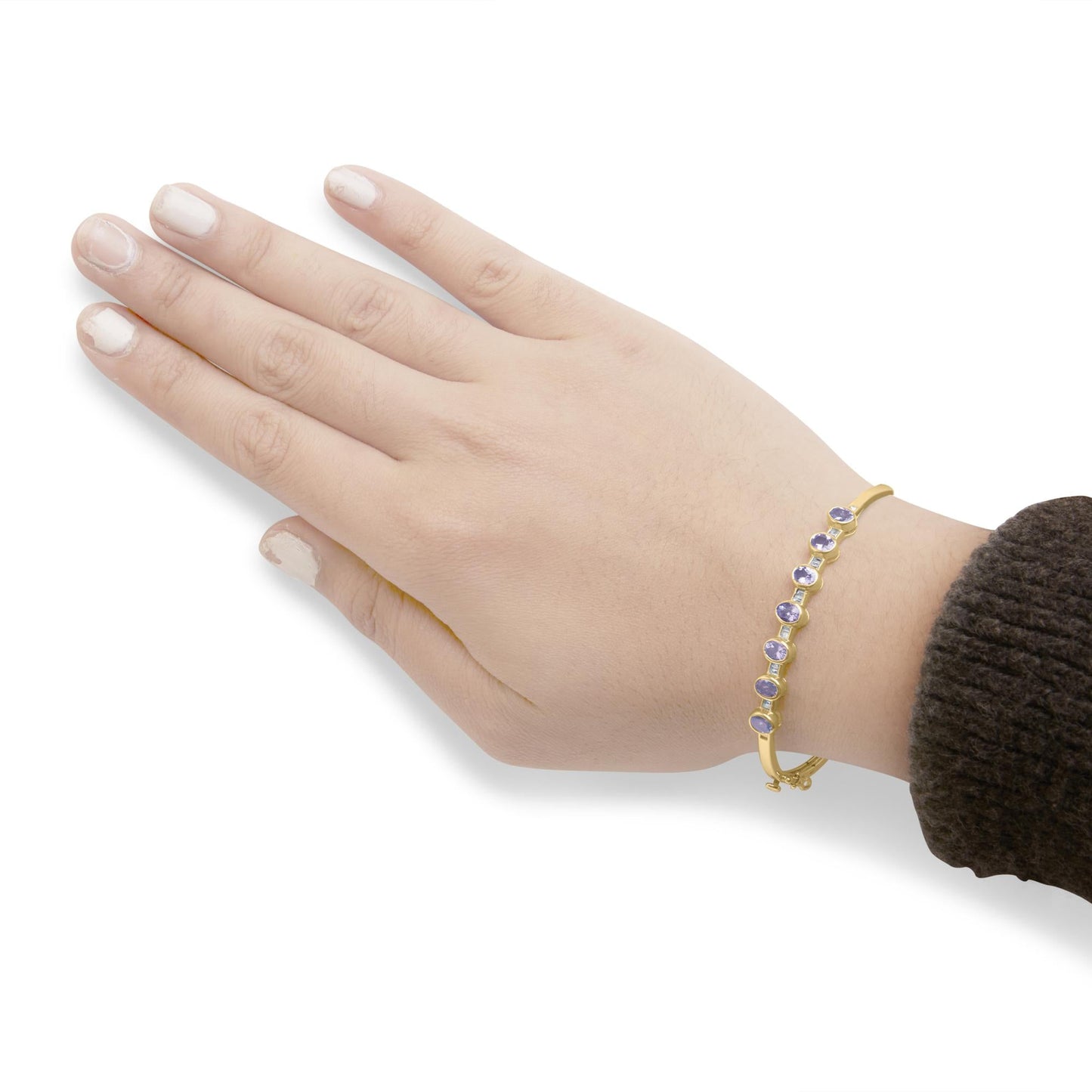 14K Yellow Gold Alternating Bezel Set 5MM Oval Shaped Tanzanite and 1/5 Cttw Diamond Bangle Bracelet (H-I Color, VS2-SI1 Clarity) - Fit's wrists up to 7.25" Inches-2