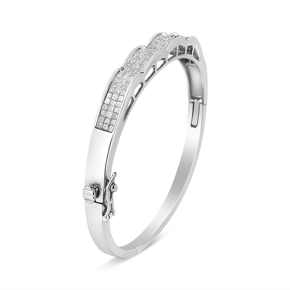 14K White Gold 3 1/3 Cttw Invisible Set Princess-Cut Diamond Wave Bangle Bracelet (H-I Color, SI1-SI2 Clarity) - Size 7"-1