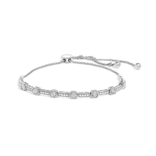 .925 Sterling Silver 1/4 Cttw Diamond 4”-10” Adjustable Bolo Alternating Square and Rectangle Bolo Bracelet (I-J Color, I3 Clarity)-0