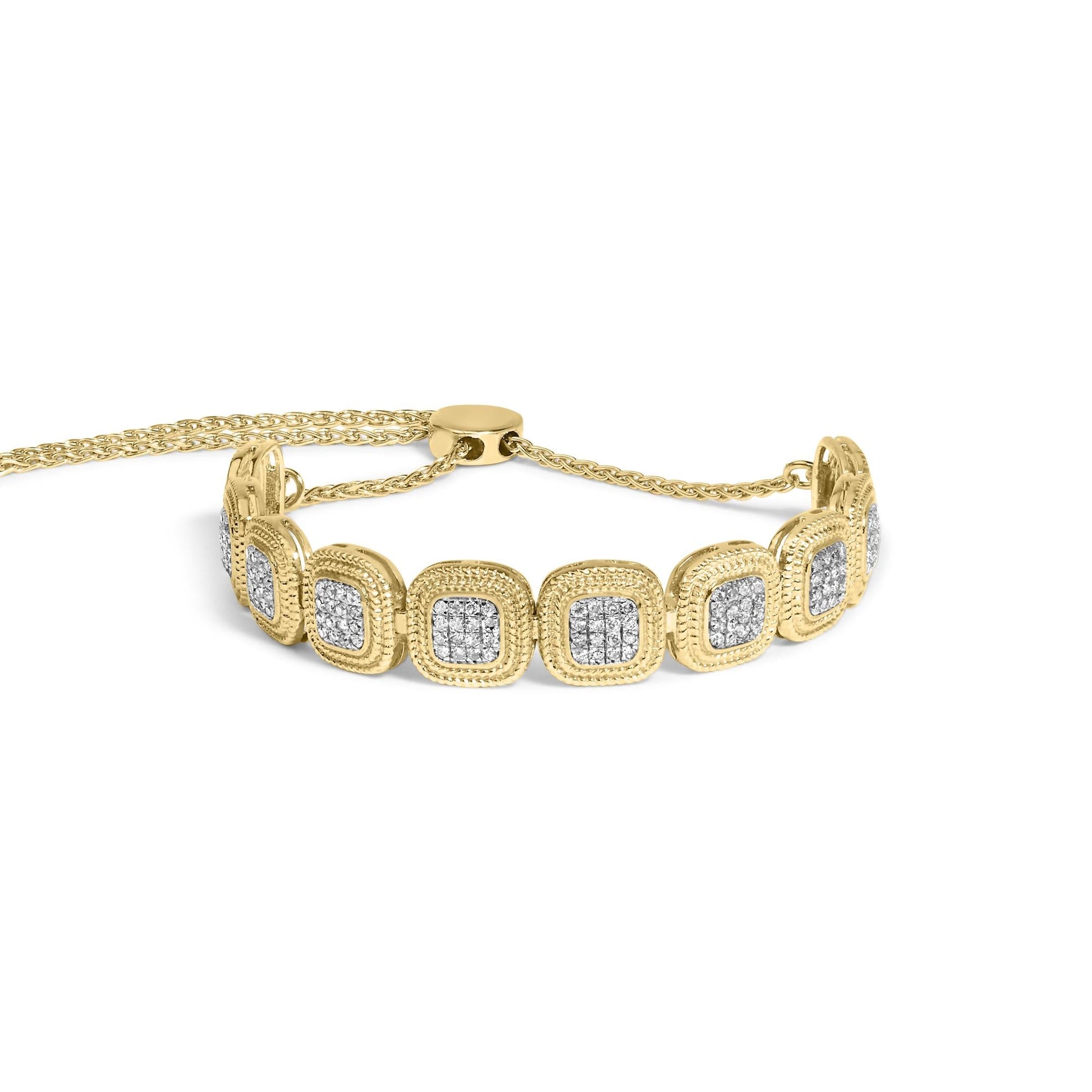 14k Yellow Gold Plated .925 Sterling 5/8 Cttw Diamond Composite Cushion Frame 4”-10” Adjustable Bolo Bracelet (G-H Color, I1-I2 Clarity)-0