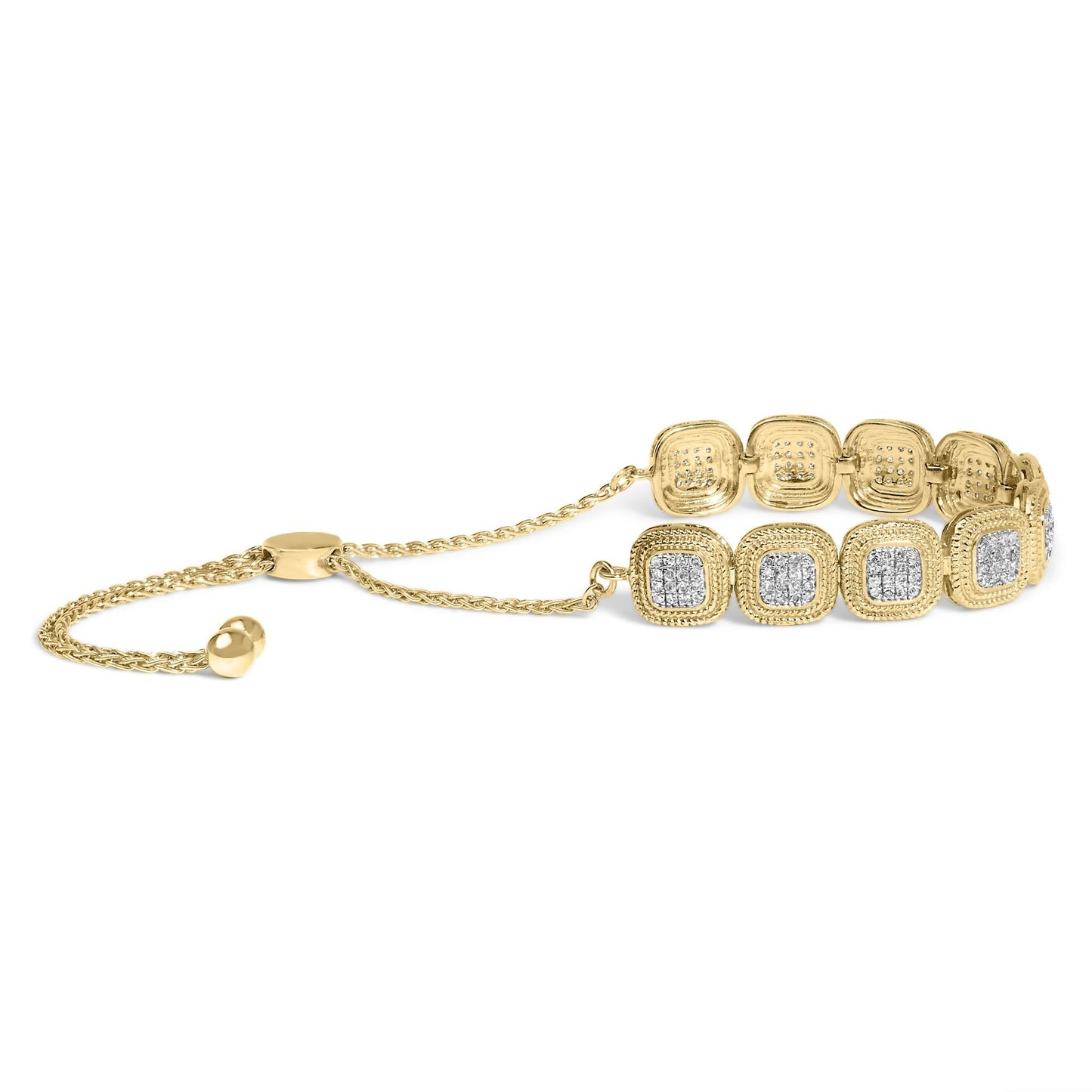 14k Yellow Gold Plated .925 Sterling 5/8 Cttw Diamond Composite Cushion Frame 4”-10” Adjustable Bolo Bracelet (G-H Color, I1-I2 Clarity)-1