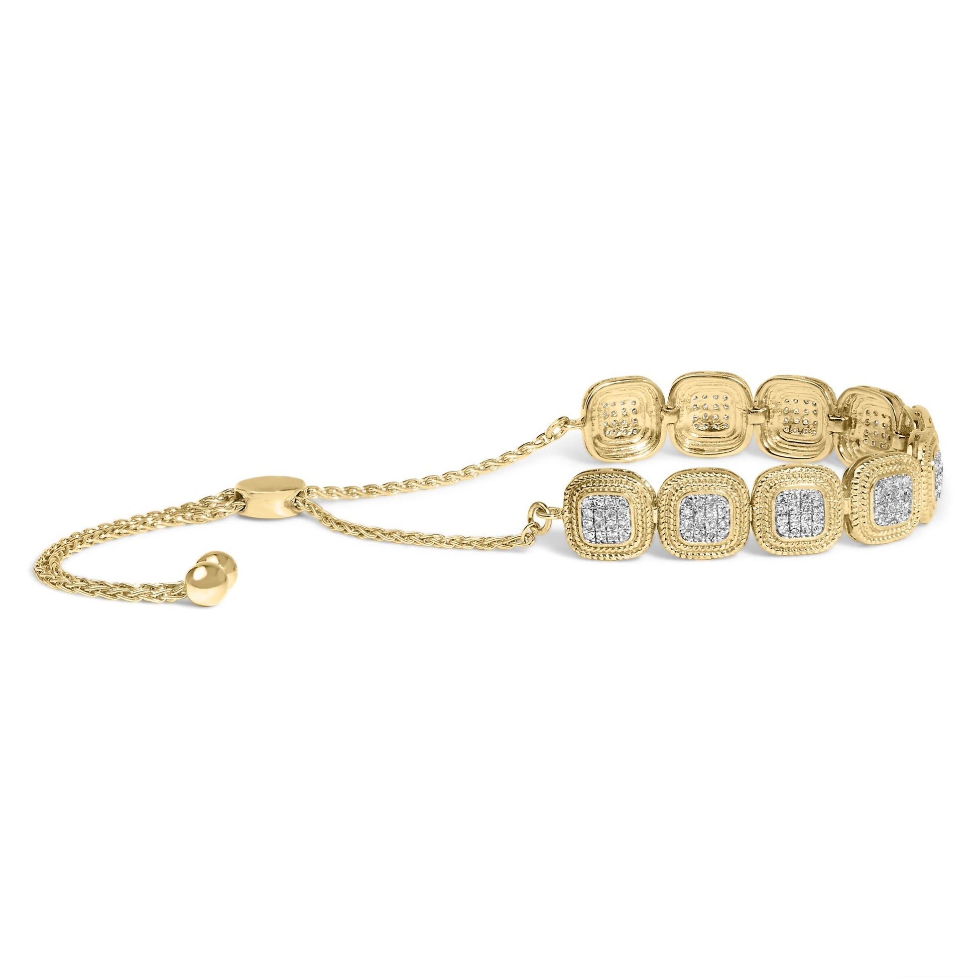 14k Yellow Gold Plated .925 Sterling 5/8 Cttw Diamond Composite Cushion Frame 4”-10” Adjustable Bolo Bracelet (G-H Color, I1-I2 Clarity)-1