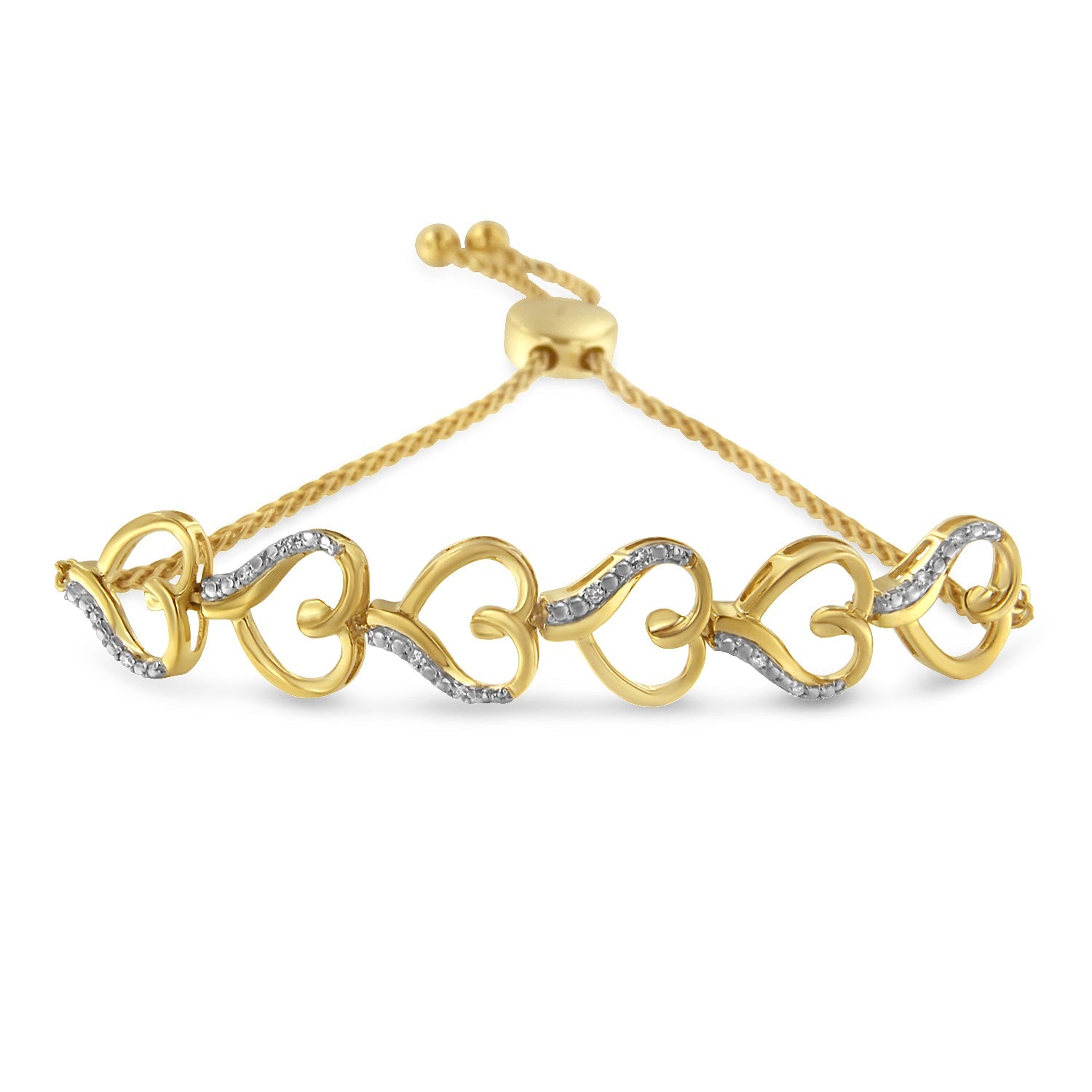 10K Yellow Gold over .925 Sterling Silver Diamond Accented Open Hearts 6”-9” Adjustable Chain Bolo Bracelet (H-I Color, I2-I3 Clarity)-0