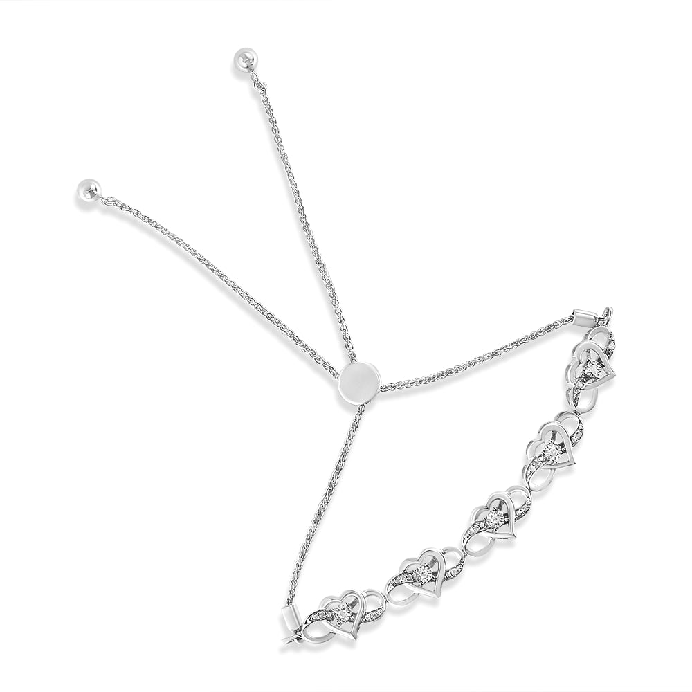 .925 Sterling Silver Miracle Set Diamond Accented Infinity Hearts 6”-9” Adjustable Bolo Bracelet (H-I Color, I2-I3 Clarity)-0