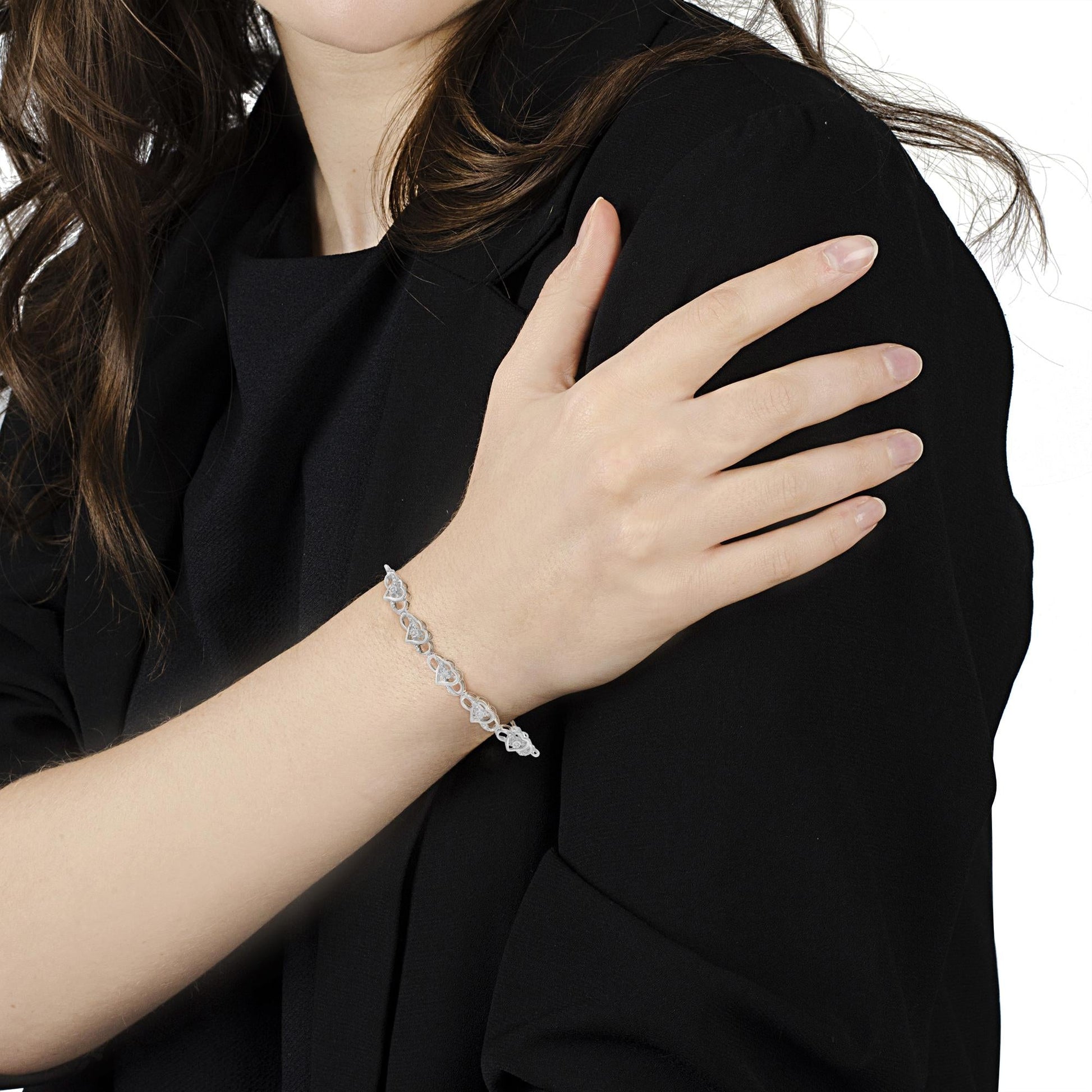 .925 Sterling Silver Miracle Set Diamond Accented Infinity Hearts 6”-9” Adjustable Bolo Bracelet (H-I Color, I2-I3 Clarity)-2