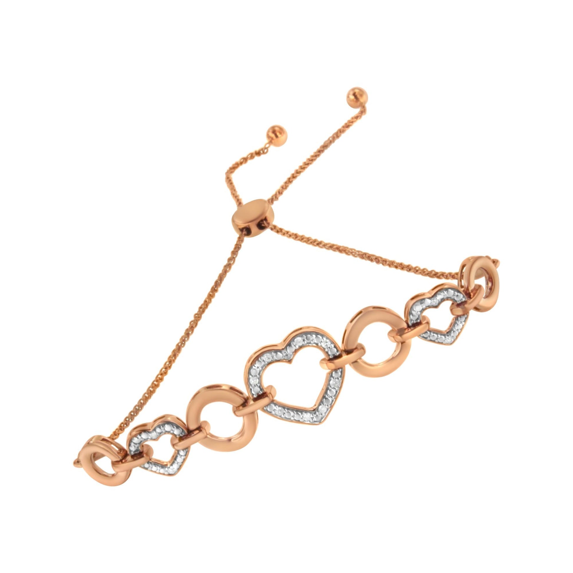 10K Rose Gold over .925 Sterling Silver 1/10 Cttw Round-Cut Diamond Heart Link Adjustable Bolo Bracelet (H-I Color, I2-I3 Clarity) - 6"-9" Adjustable-1