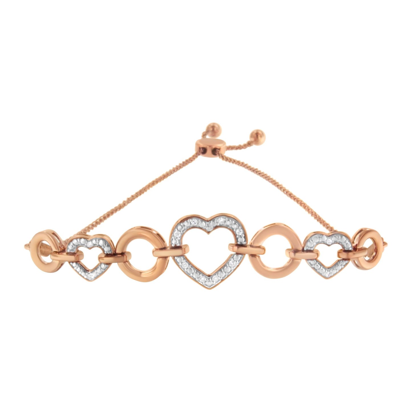 14K Rose Gold Plated .925 Sterling Silver Diamond Accent Circle and Heart Link Adjustable 6”-10” Bolo Bracelet (I-J Color, I3 Clarity)-3