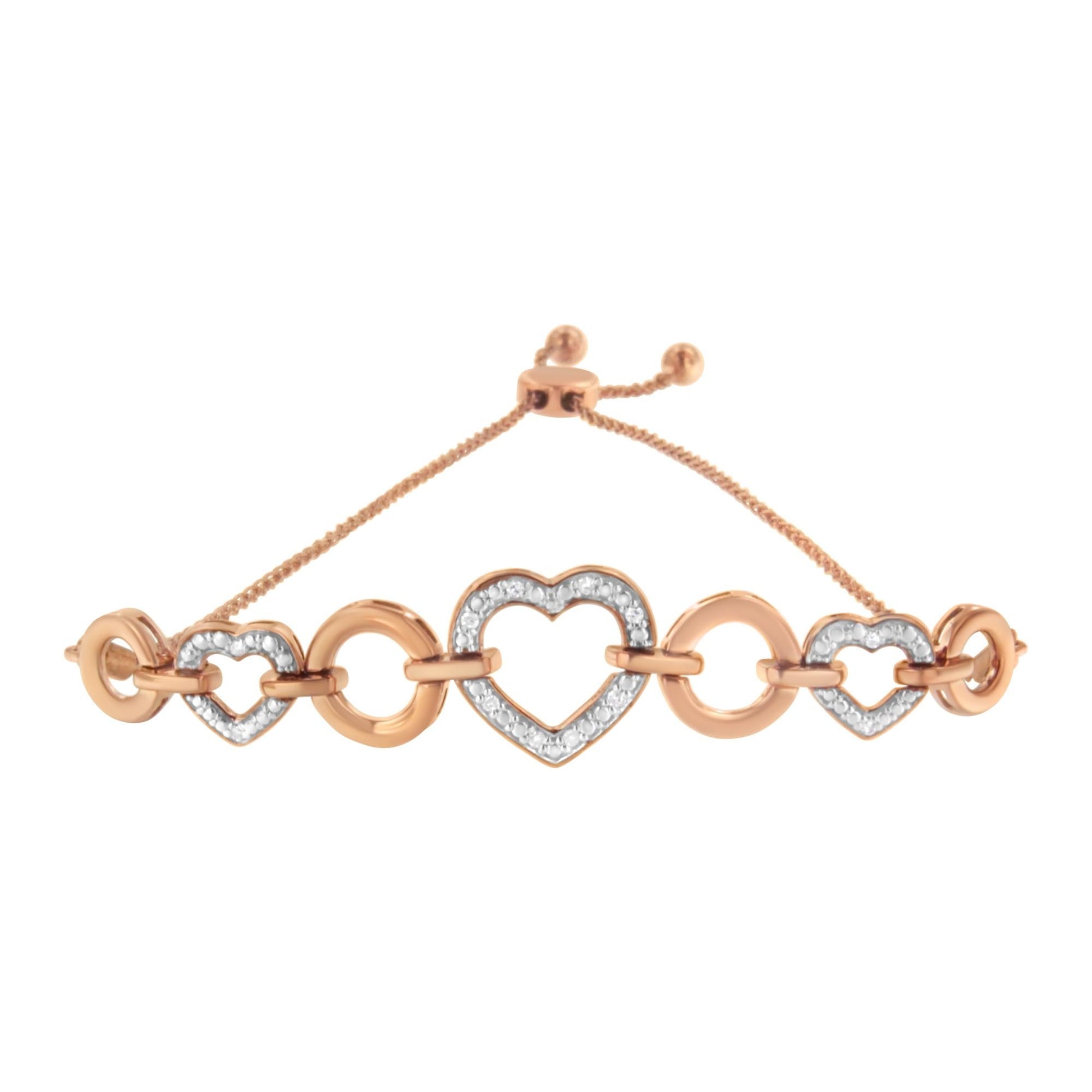 14K Rose Gold Plated .925 Sterling Silver Diamond Accent Circle and Heart Link Adjustable 6”-10” Bolo Bracelet (I-J Color, I3 Clarity)-3