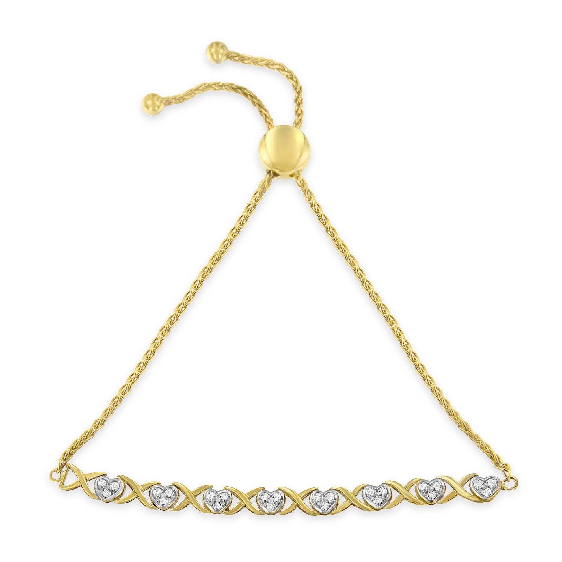 10K Yellow Gold over .925 Sterling Silver 1/10 Cttw Diamond Heart and X-Link 6”-9” Adjustable Bolo Bracelet (H-I Color, I2-I3 Clarity)-1