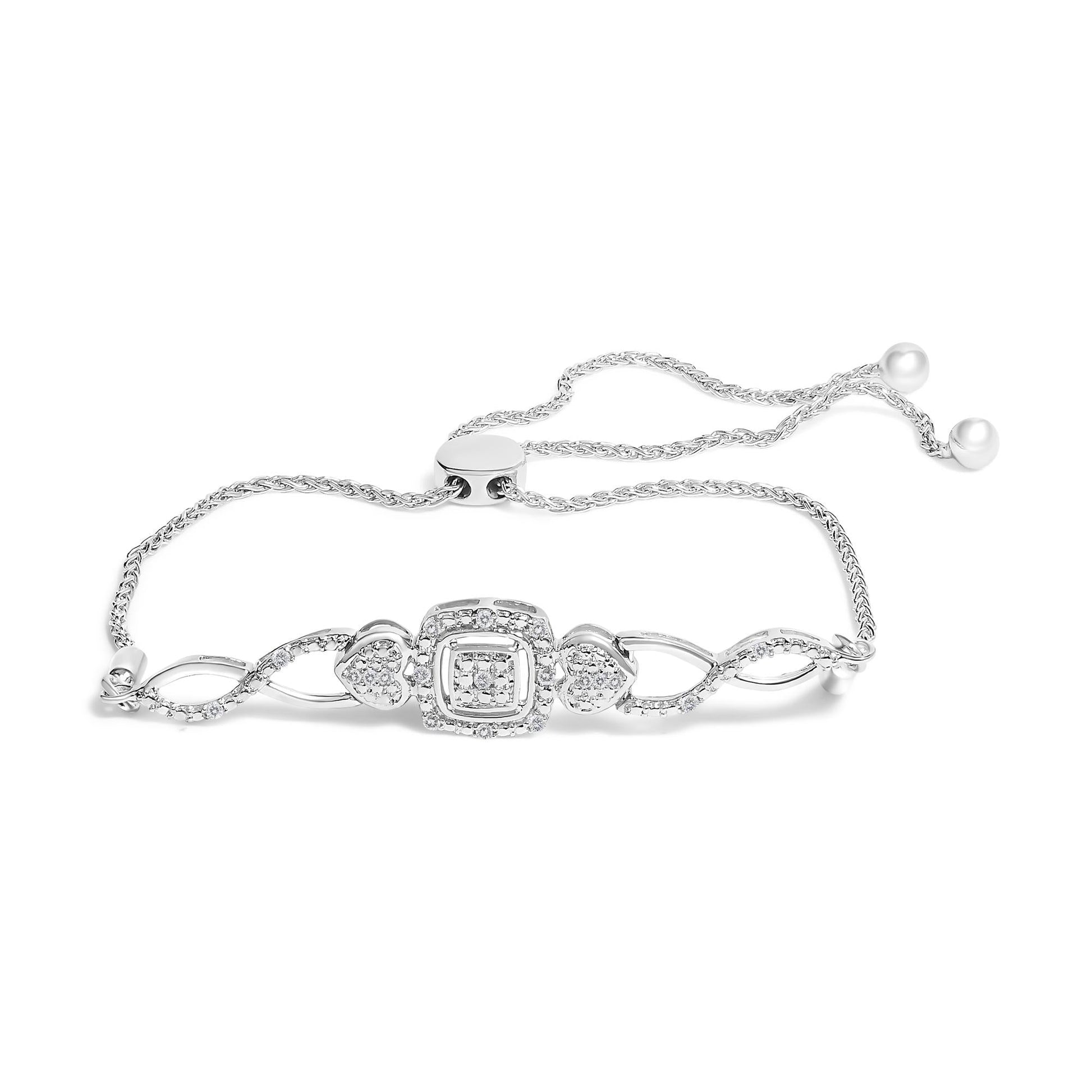 .925 Sterling Silver Diamond Cushion Frame Heart-Sides Twist 4”-10” Adjustable Bolo Tennis Bolo Bracelet (I-J Color, I3 Clarity)-0