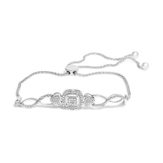 .925 Sterling Silver Diamond Cushion Frame Heart-Sides Twist 4”-10” Adjustable Bolo Tennis Bolo Bracelet (I-J Color, I3 Clarity)-0