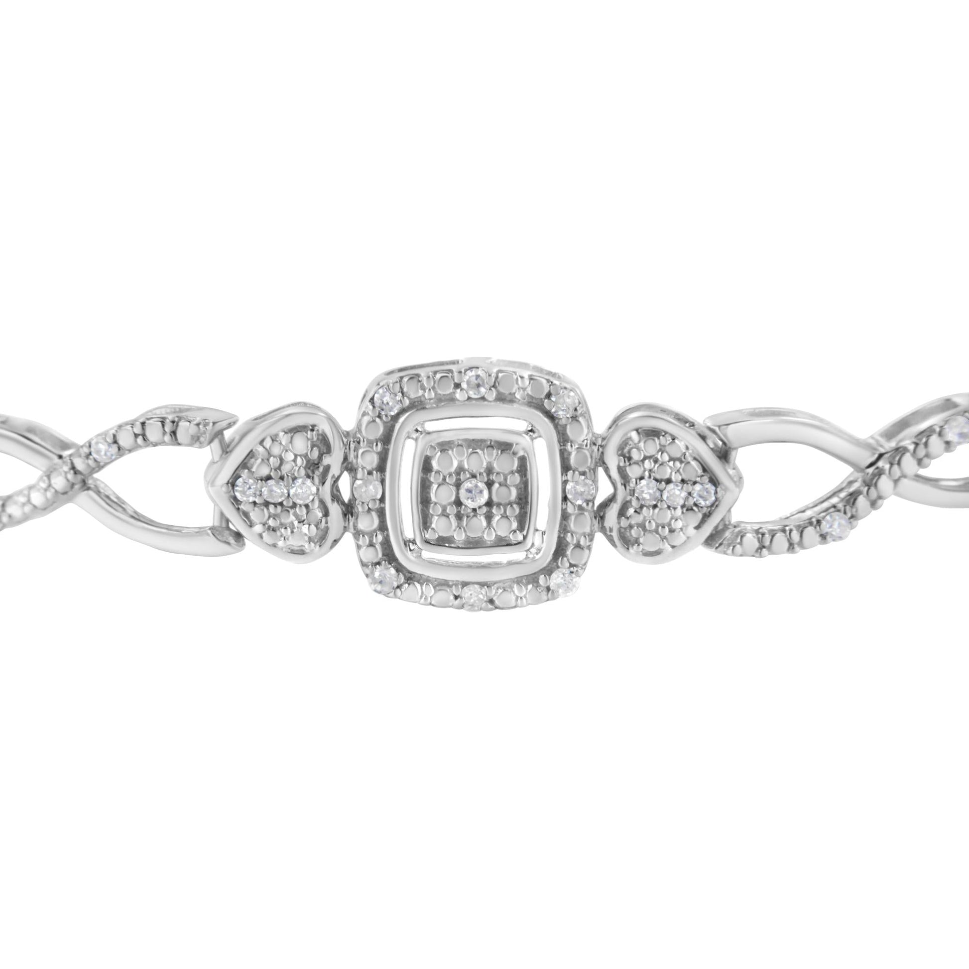 .925 Sterling Silver Diamond Cushion Frame Heart-Sides Twist 4”-10” Adjustable Bolo Tennis Bolo Bracelet (I-J Color, I3 Clarity)-4