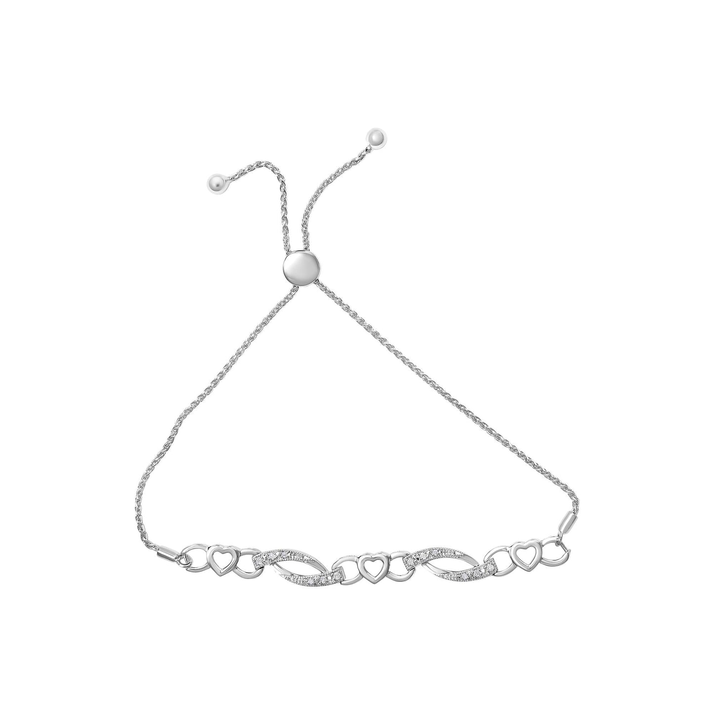.925 Sterling Silver 1/10 Cttw Diamond Heart Link Adjustable Bolo Bracelet (I-J Color, I2-I3 Clarity) - 4 to 10 Inches-3