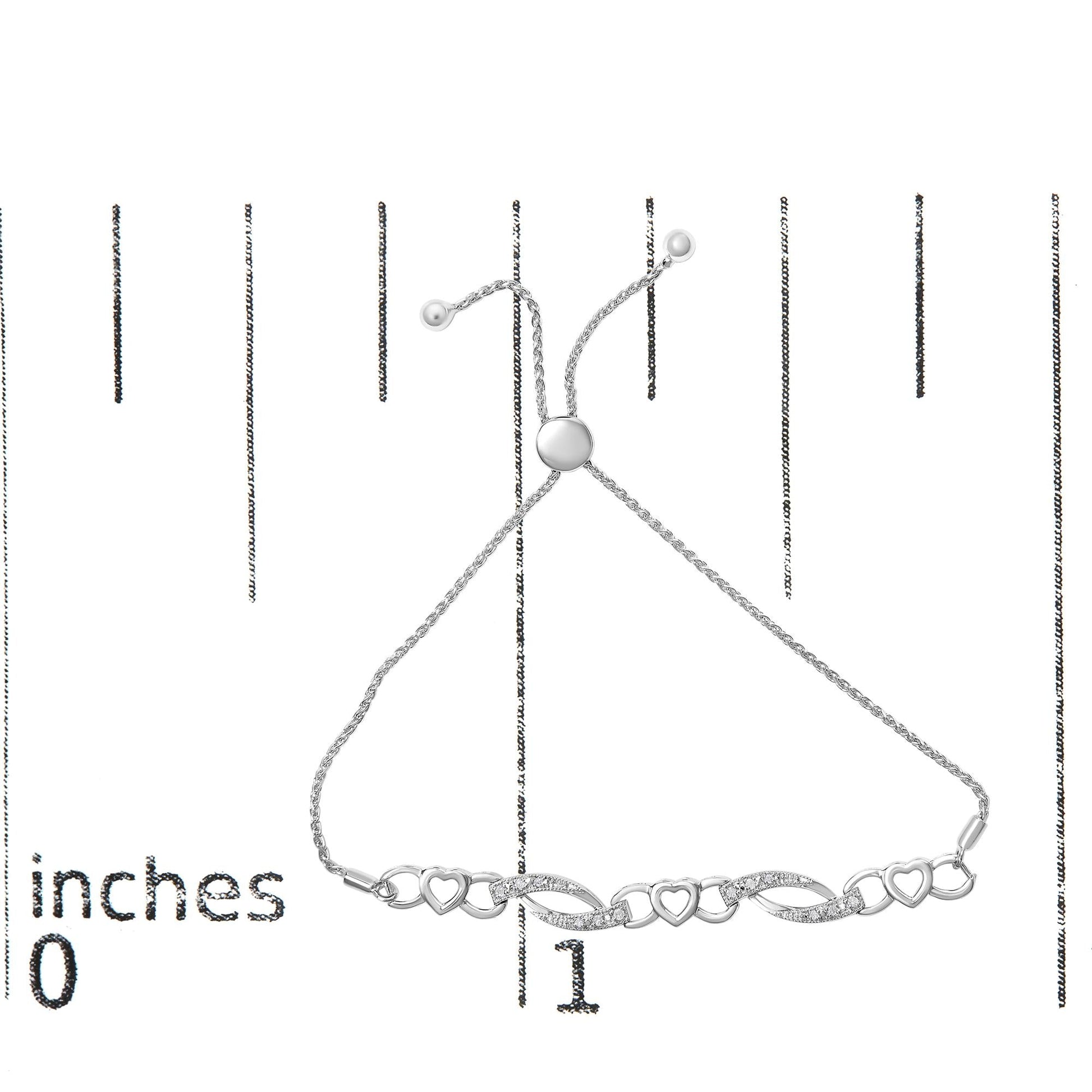 .925 Sterling Silver 1/10 Cttw Diamond Heart Link Adjustable Bolo Bracelet (I-J Color, I2-I3 Clarity) - 4 to 10 Inches-4