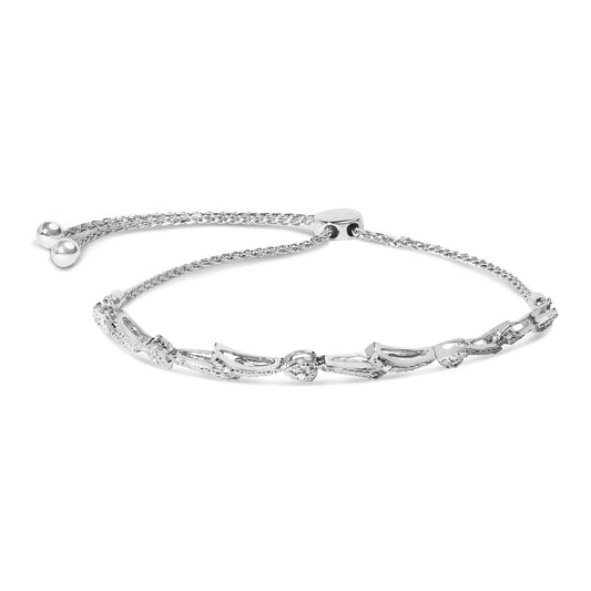 .925 Sterling Silver Diamond Accent Heart and Wave Link Bolo Bracelet (I-J Color, I2-I3 Clarity) - 6" to 9" Adjustable-0