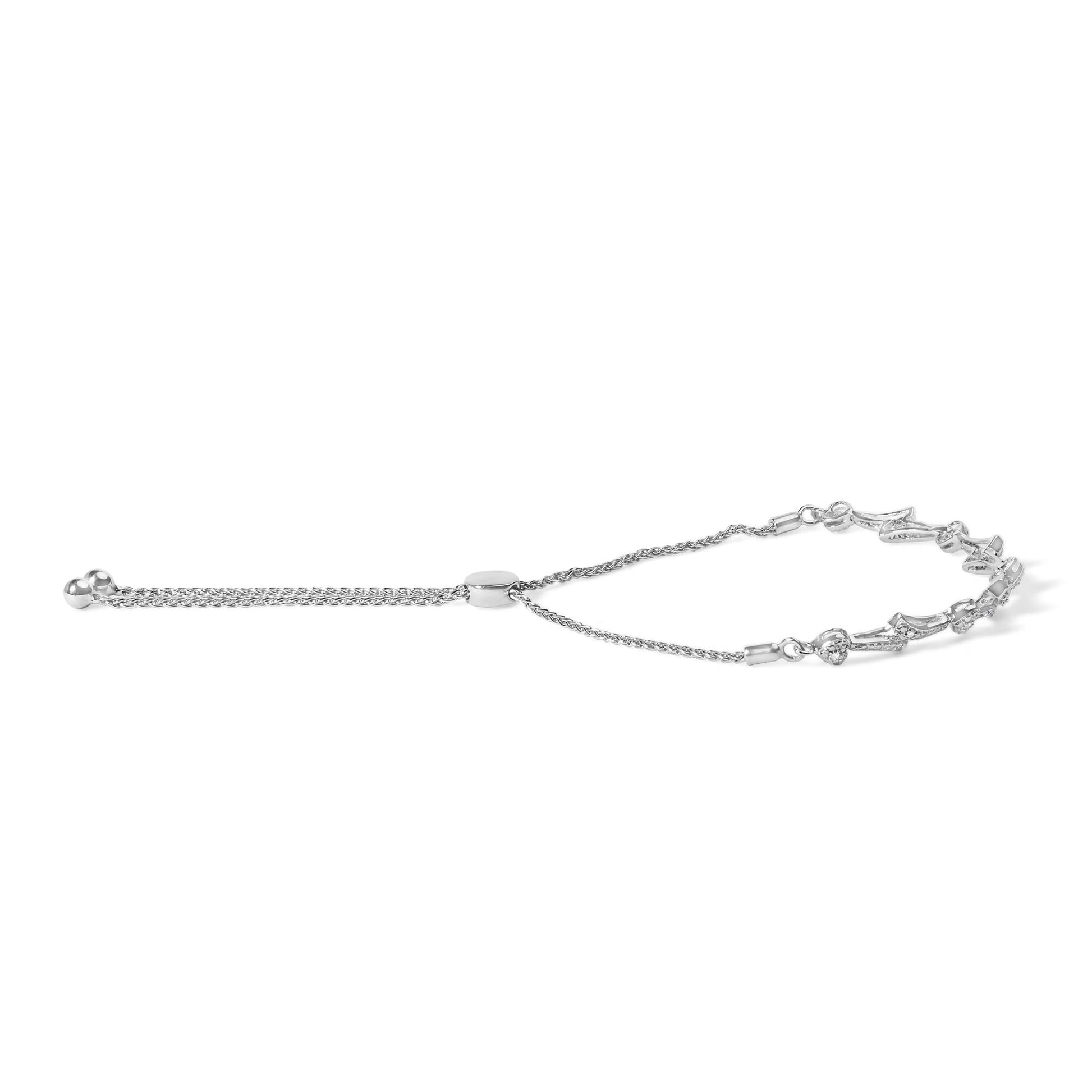 .925 Sterling Silver Diamond Accent Heart and Wave Link Bolo Bracelet (I-J Color, I2-I3 Clarity) - 6" to 9" Adjustable-3