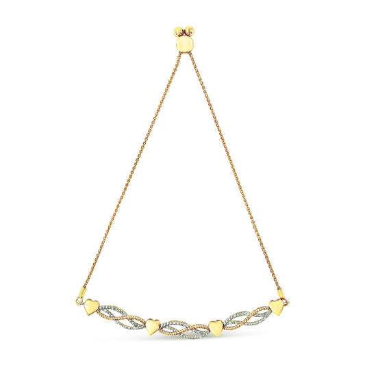 14K Yellow Gold Plated .925 Sterling Silver 1/10 Cttw Diamond Wave and Hearts Bolo Bracelet (I-J Color, I2-I3 Clarity) - 4"-10" Adjustable-0