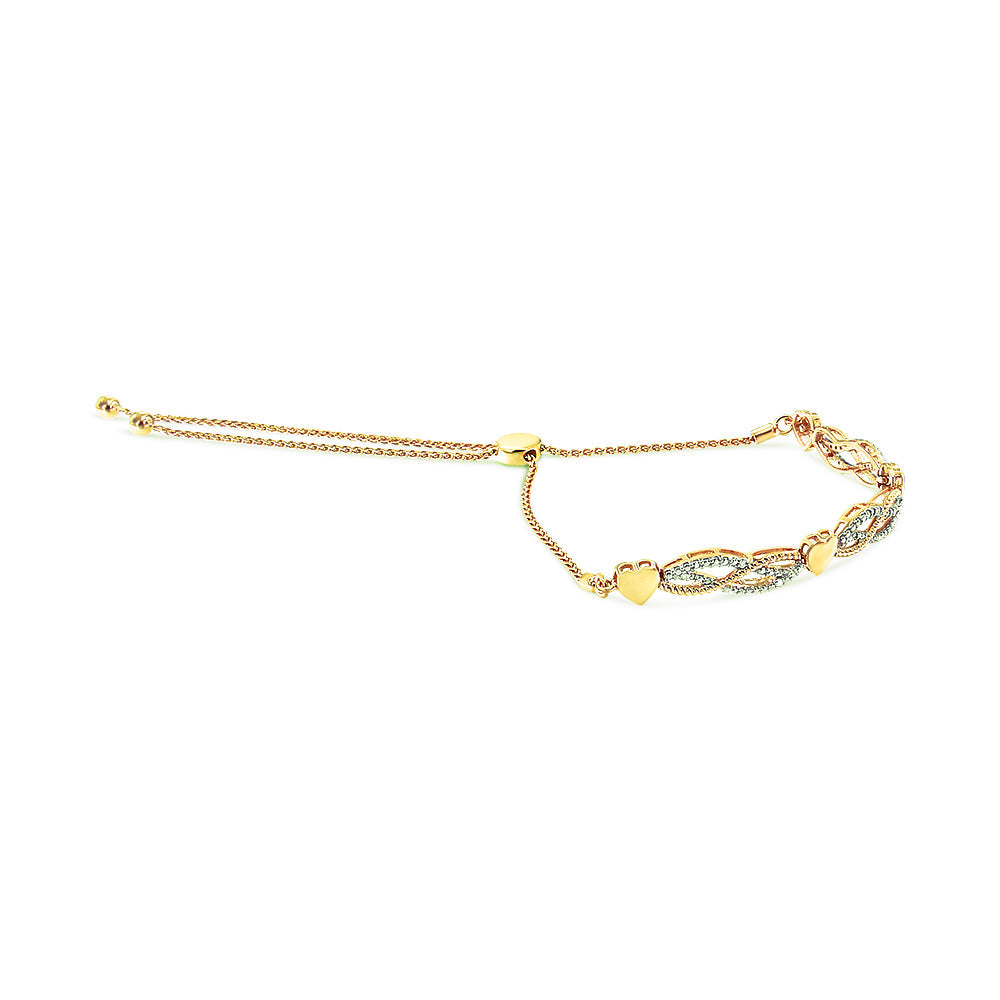 14K Yellow Gold Plated .925 Sterling Silver 1/10 Cttw Diamond Wave and Hearts Bolo Bracelet (I-J Color, I2-I3 Clarity) - 4"-10" Adjustable-1