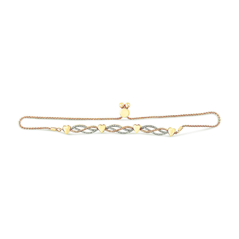 14K Yellow Gold Plated .925 Sterling Silver 1/10 Cttw Diamond Wave and Hearts Bolo Bracelet (I-J Color, I2-I3 Clarity) - 4"-10" Adjustable-3
